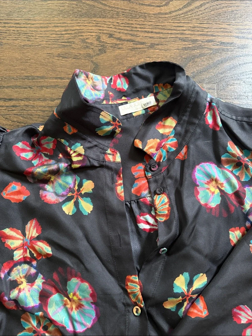 Ulla Johnson Floral Puff-Sleeve Silk Black Blouse